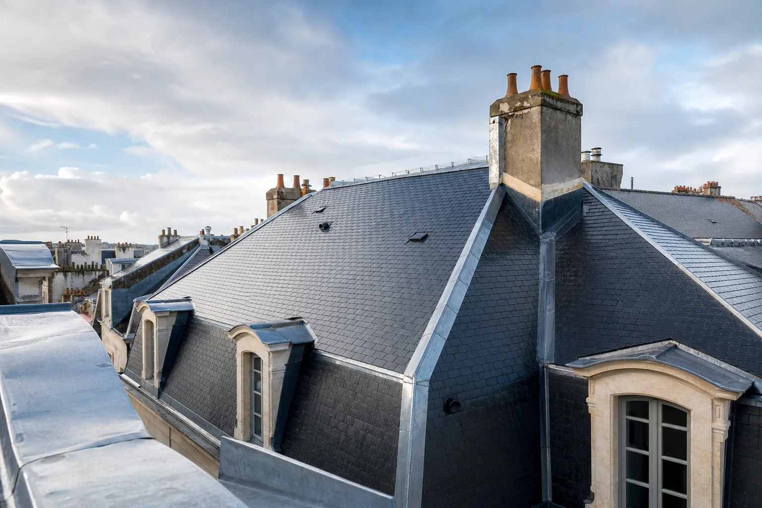 Toiture en ardoise rénovée avec finitions de zinc