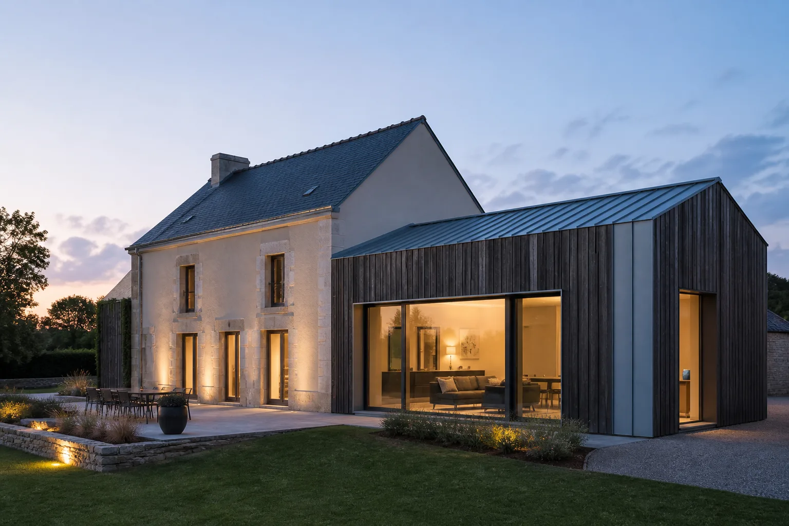 Maison rénovée associant enduit minéral et bardage