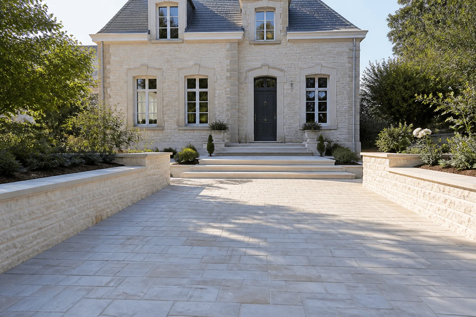 Entrée en pierre avec murets et dallage achevés