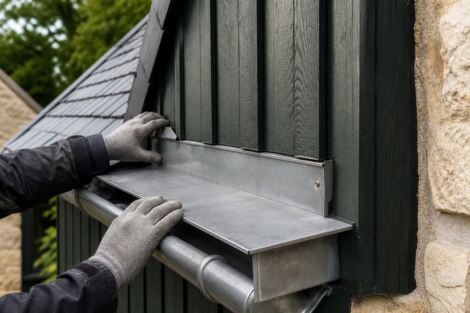 Gouttière en zinc au pied d’un bardage contemporain