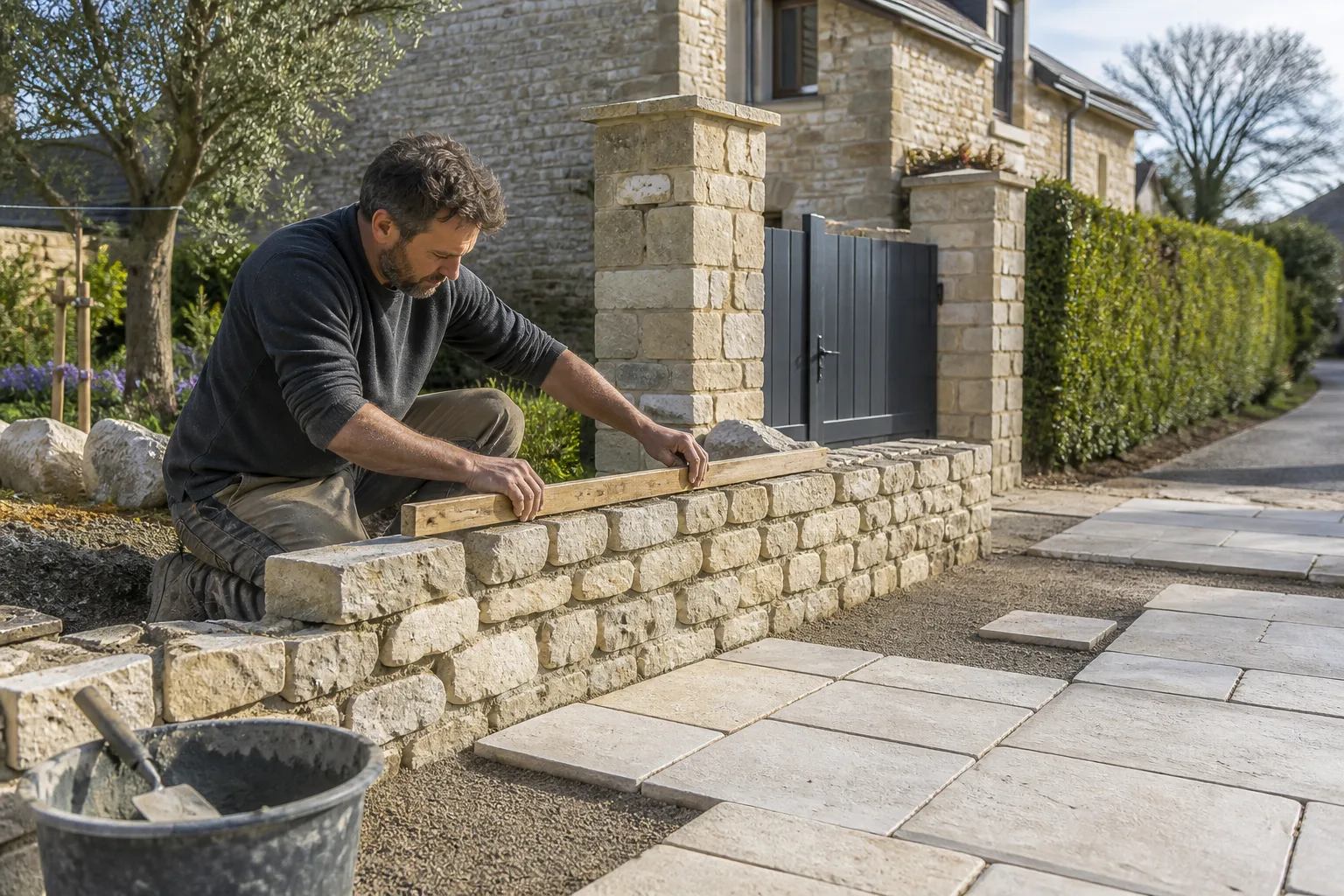 Construction d’un muret et pose d’un dallage en pierre