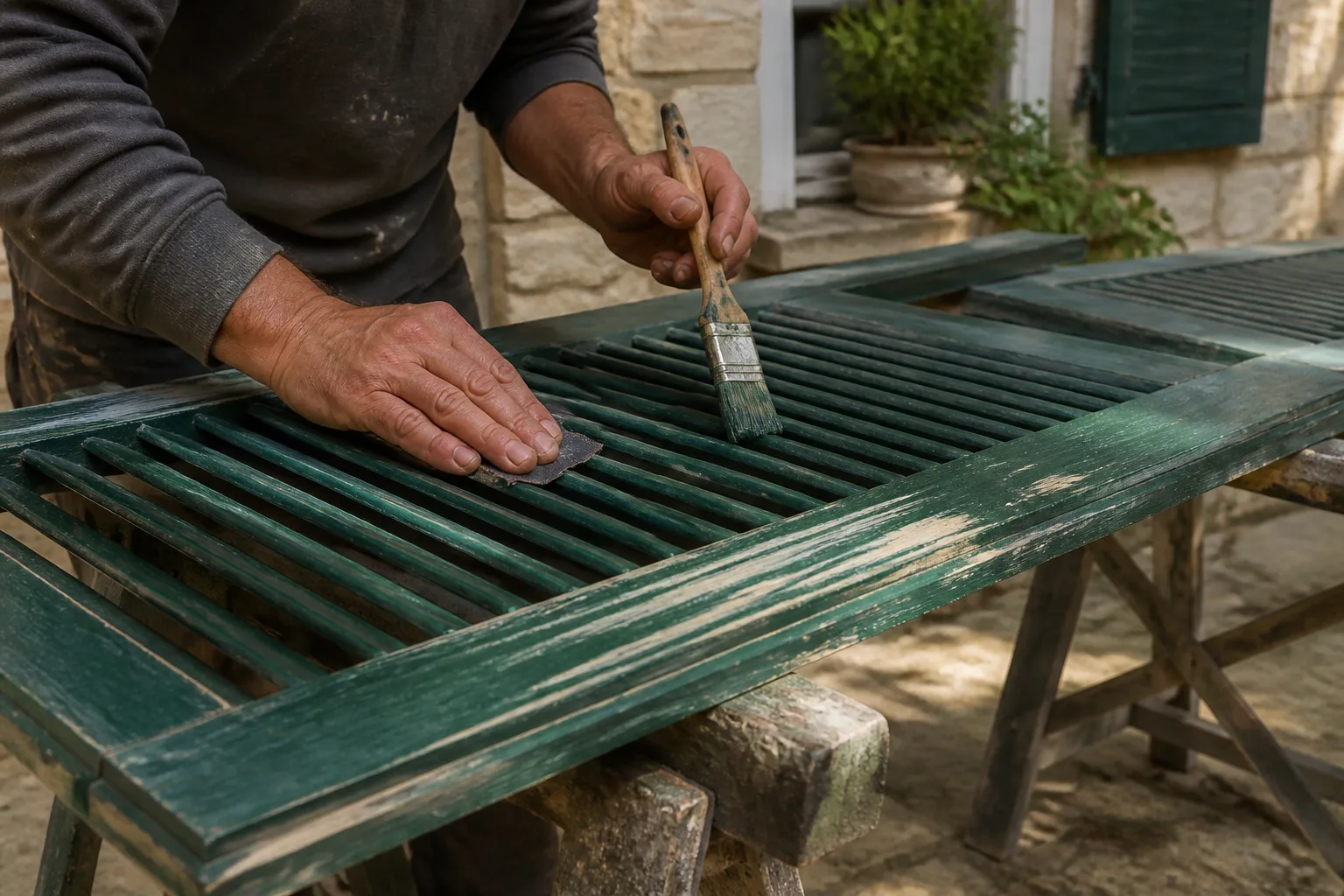 Préparation et peinture d’un volet en bois